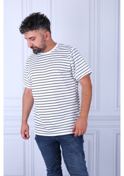 Tişört Unisex Over Size Çizgili Bisiklet Yaka Yırtmaçlı Kaliteli Ürün