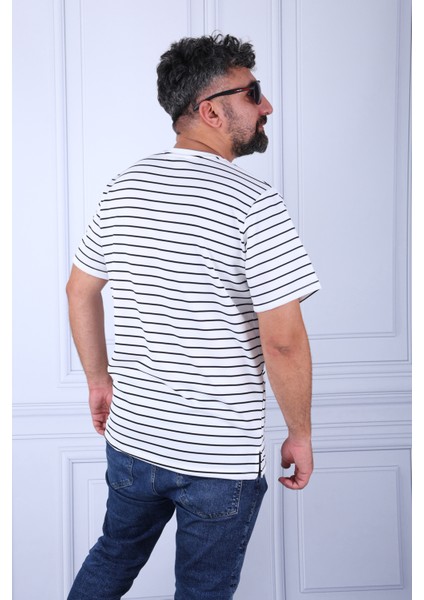 Tişört Unisex Over Size Çizgili Bisiklet Yaka Yırtmaçlı Kaliteli Ürün