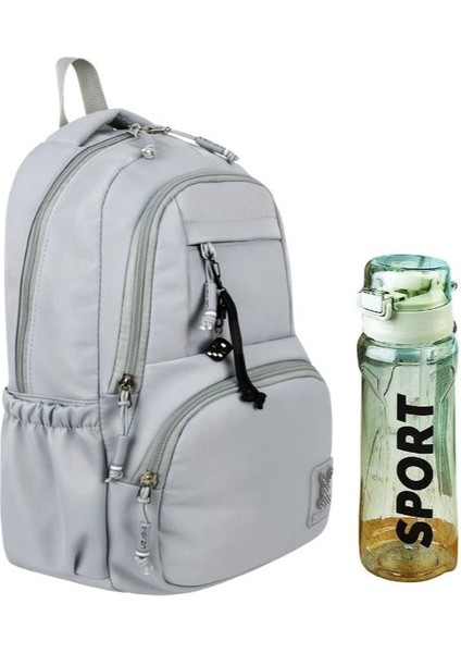Gri Renk 2'li Okul Çantası Seti Su Geçirmez Saten Kumaş - Sırt Çantası - Yeşil Suluk
