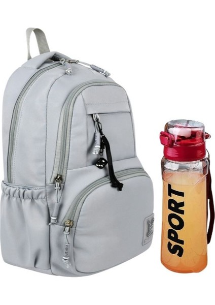 Gri Renk 2'li Okul Çantası Seti Su Geçirmez Saten Kumaş - Sırt Çantası - Kırmızı Suluk