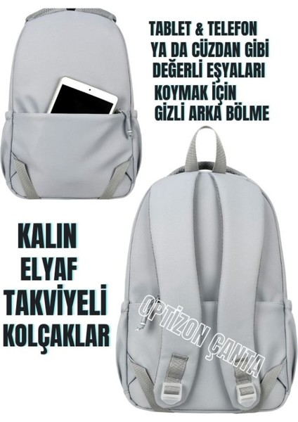 Gri Renk 2'li Okul Çantası Seti Su Geçirmez Saten Kumaş - Sırt Çantası - Kırmızı Suluk modelleri