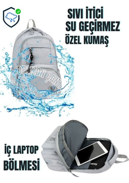 Gri Renk 2'li Okul Çantası Seti Su Geçirmez Saten Kumaş - Sırt Çantası - Kırmızı Suluk fırsatları