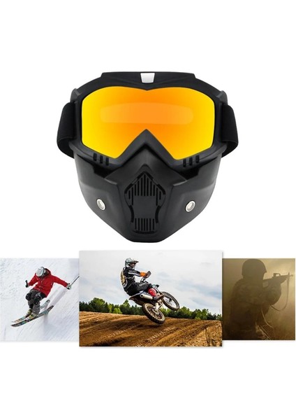 Motosiklet Cross  Bisiklet Gözlüğü Açık Kask Maskesi Süngerli Bant Lastikli Jet Maske Sarı Cam Gold