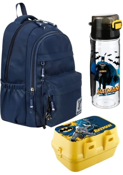 Krem Okul Çantası 3'lü Set Su Itici Özel Kumaş Hafif Sırt Çantası Batman Suluk ve Matara