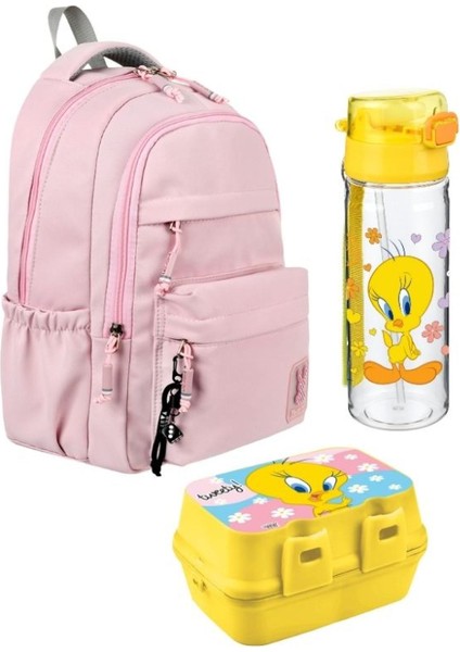 Pembe Okul Çantası 3'lü Set Su Itici Özel Kumaş Hafif Sırt Çantası Tweety Suluk ve Beslenme
