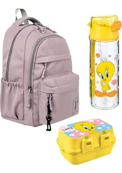 Pudra Okul Çantası 3'lü Set Su Itici Özel Kumaş Hafif Sırt Çantası Tweety Suluk ve Beslenme