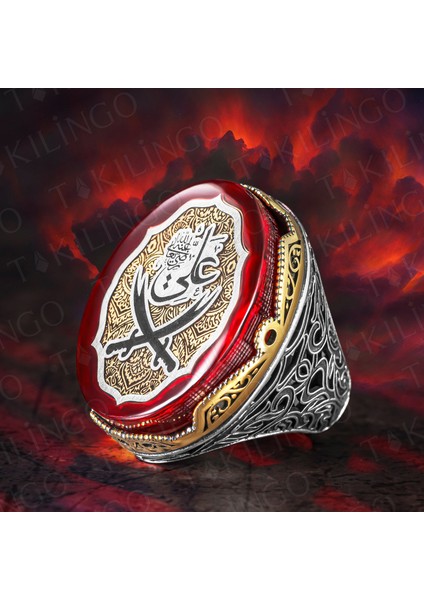 925 Ayar Gümüş Koleksiyonluk Büyük Kasa Kehribar Taşlı Zülfikar Kılıç Işlemeli Usta Işi Erkek Yüzük