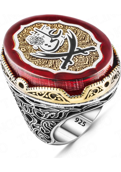 925 Ayar Gümüş Koleksiyonluk Büyük Kasa Kehribar Taşlı Zülfikar Kılıç Işlemeli Usta Işi Erkek Yüzük fiyatları