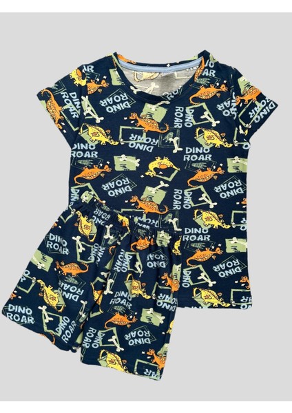 Elmas Kids Erkek Çocuk  Pamuklu Lacivert Dinozor Desenli Kısa Kollu Şortlu Yazlık Pijama Takımı