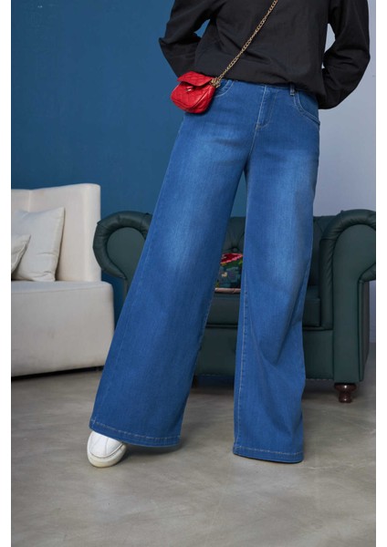 1067-DENIM Bol Paça Pantolon Koyu Mavi