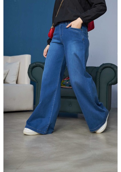 1067-DENIM Bol Paça Pantolon Koyu Mavi fiyatları
