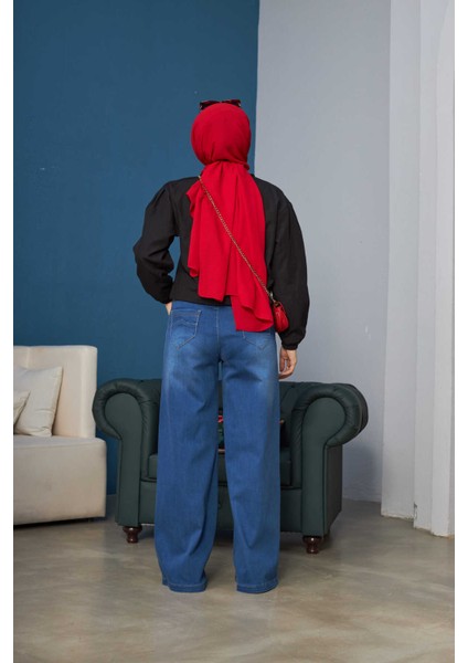 1067-DENIM Bol Paça Pantolon Koyu Mavi modelleri
