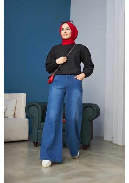 1067-DENIM Bol Paça Pantolon Koyu Mavi fırsatları