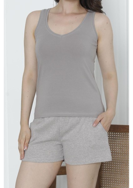 Kadın Şortlu Pijama Takımı Geniş Askılı Likrali Cepli Kaşkorse Şort Vizon