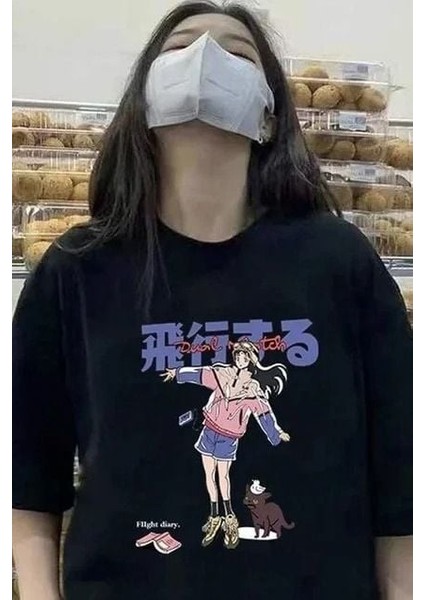 Siyah Unisex Çince Yazılı Kedi Kız T-Shirt 2xl