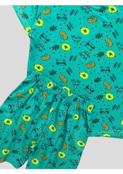 Elmas Kids Erkek Çocuk  Pamuklu Ayıcık Çam Desenli Yeşil Kısa Kollu Şortlu Yazlık Pijama Takımı