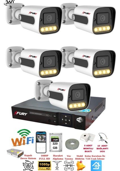 5 Kameralı Su Geçirmez 1080P 4 x Ultra Ledli Gece Renkli Güvenlik Kamera Seti 5500 320GB
