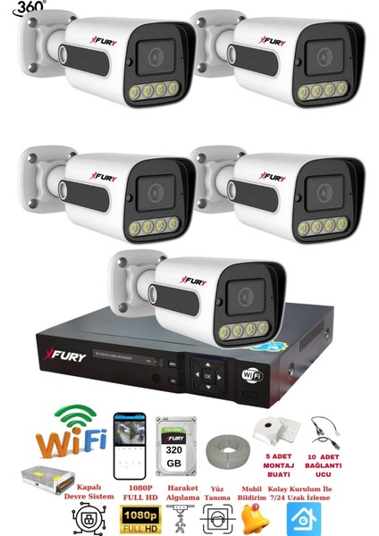 5 Kameralı Su Geçirmez 1080P 4 x Ultra Ledli Gece Renkli Güvenlik Kamera Seti 5500 320GB fiyatları