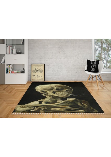 Skull Of A Skeleton With Burning Cigarette Halı