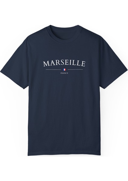 Unisex Marseille Fransa Şehir Baskılı Lacivert Basic Tshirt