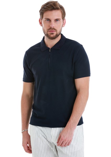 Lacivert Regular Fit Jakarlı Polo Yaka Fermuarlı Tişört