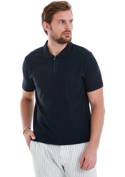 Lacivert Regular Fit Jakarlı Polo Yaka Fermuarlı Tişört