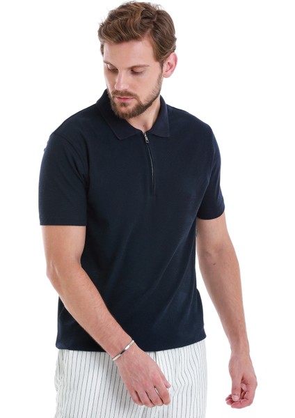 Lacivert Regular Fit Jakarlı Polo Yaka Fermuarlı Tişört