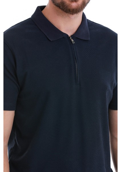 Lacivert Regular Fit Jakarlı Polo Yaka Fermuarlı Tişört