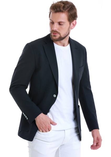 Hatem Saykı Lacivert Slim Fit Çizgili Mono Yaka Casual Ceket