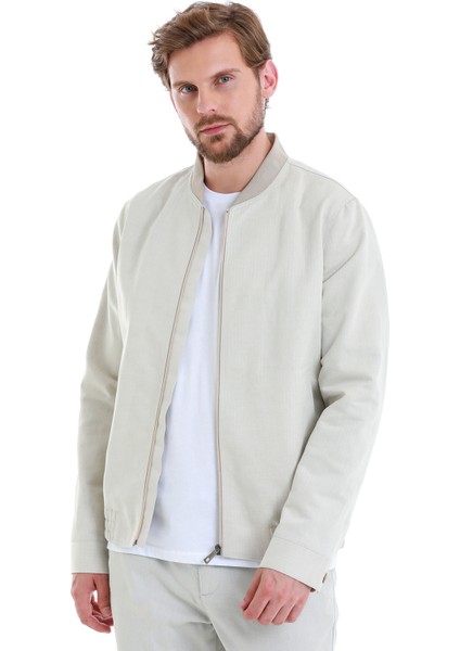 Bej Slim Fit Çizgili Dik Yaka Basic Mevsimlik Mont