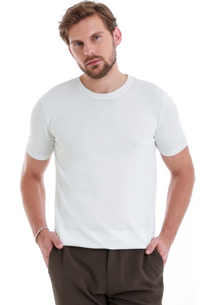Beyaz Regular Fit Düz Bisiklet Yaka Rayon Triko Tişört