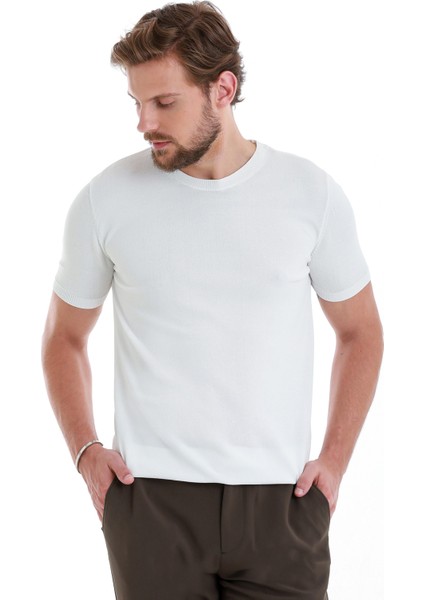 Beyaz Regular Fit Düz Bisiklet Yaka Rayon Triko Tişört modelleri