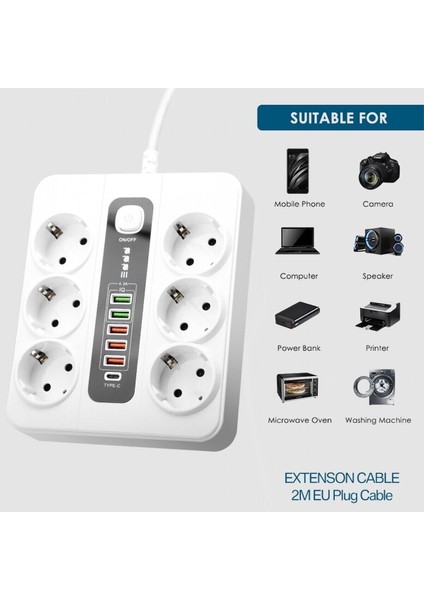 Termal Akım Korumalı 3000W 6 Lı Priz 2 Metre Uzatma Kablosu Çoklu Priz 5 USB 1 Type C Pd Giriş fiyatları
