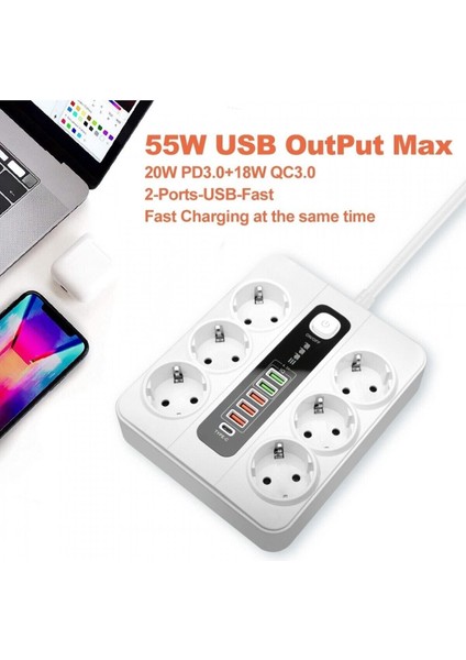 Termal Akım Korumalı 3000W 6 Lı Priz 2 Metre Uzatma Kablosu Çoklu Priz 5 USB 1 Type C Pd Giriş modelleri