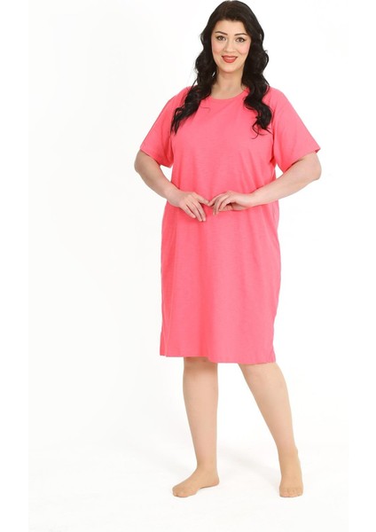 Kadın Büyük Beden Kısa Kol Fuşya Gecelik 12502