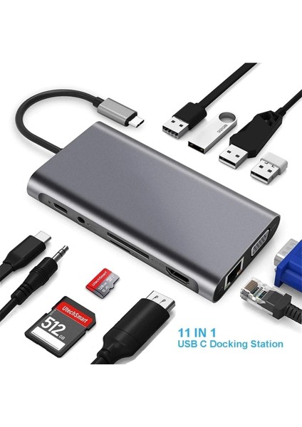 C Adaptör 11 In 1 USB Hub HDMI Lan VGA Sd Tf Kart USB Type C Macbook Çevirici