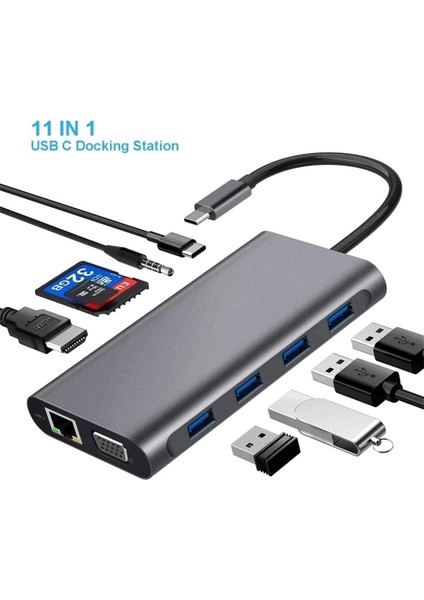 C Adaptör 11 In 1 USB Hub HDMI Lan VGA Sd Tf Kart USB Type C Macbook Çevirici