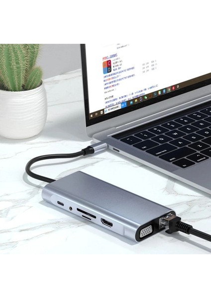 C Adaptör 11 In 1 USB Hub HDMI Lan VGA Sd Tf Kart USB Type C Macbook Çevirici
