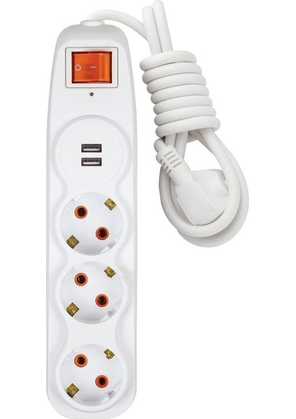3'lü Akım Korumalı Anahtarlı Topraklı Korumalı Grup Priz 2'li USB Hızlı Şarj 1.5 mt