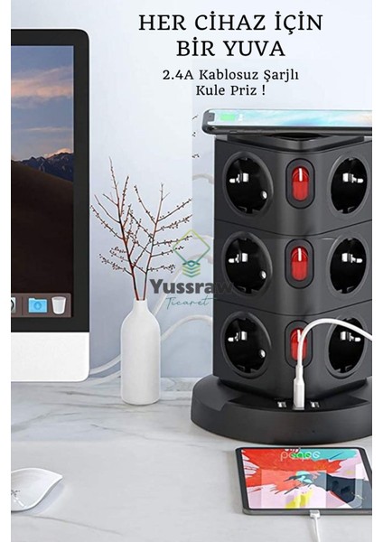 Akım Korumalı 2.4A Kule Priz Kablosuz Şarj Istasyonu 12X Soketli 3x USB Wireless Kablolu Priz fiyatları