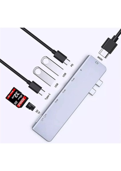 7 In 1 Multiport Alüminyum HDMI Dönüştürücü, 2xusb 3.0 Hub, Kart Okuyucu, 2xusb C