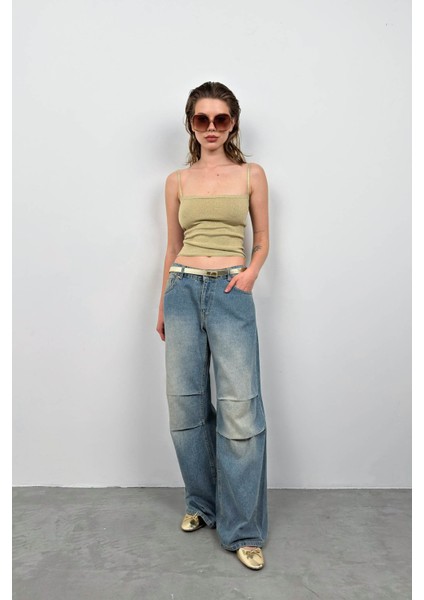 Askı Detay Parlak Triko Bluz