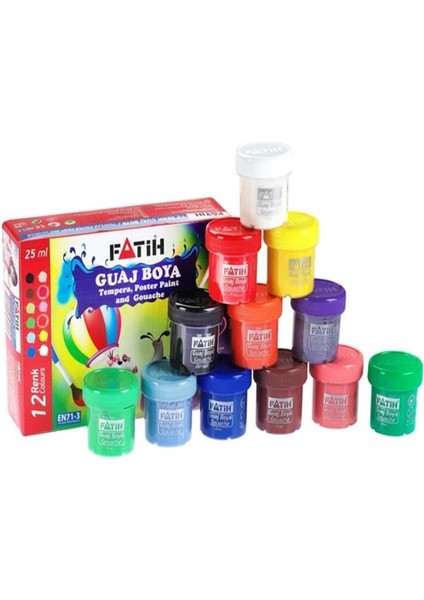 Guaj Boya 12 Renk 25 ml 1 Paket Fatih Guaj Boya Seti 12 Li Su Bazlı Şişe Içerisinde Okul Resim