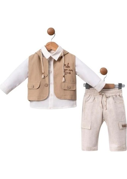 Erkek Bebek Kapüşonlu Yelekli Gömlek Pantolon Takım