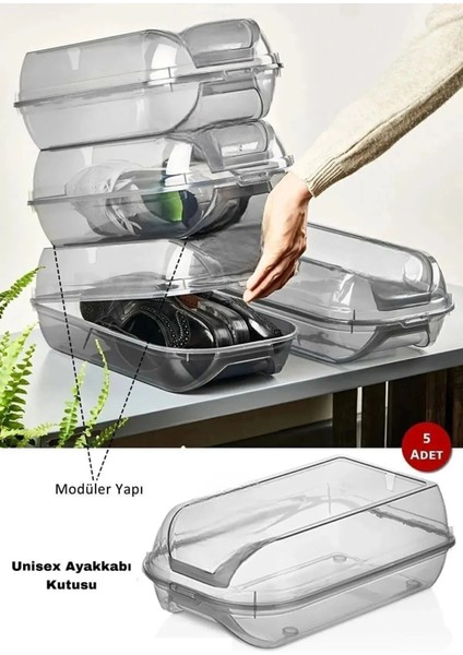Hava Alan Füme Kilit Kapak Unisex Ayakkabı Saklama Kutusu -Modüler Yapı - Ayakkabı Depolama-5 Adet