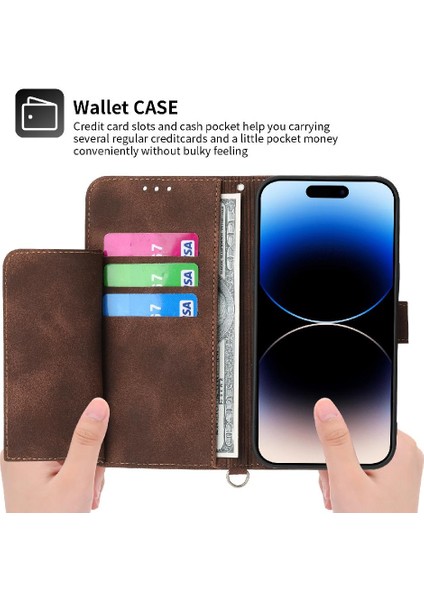 Iphone 14 Için Flip Case Artı Bileklik Çoklu Kredi Kartı Yuvaları Kabartmalı (Yurt Dışından)