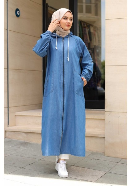 Kadın Cepli Omuzdan Taş Detaylı Kapüşonlu Kot Kap