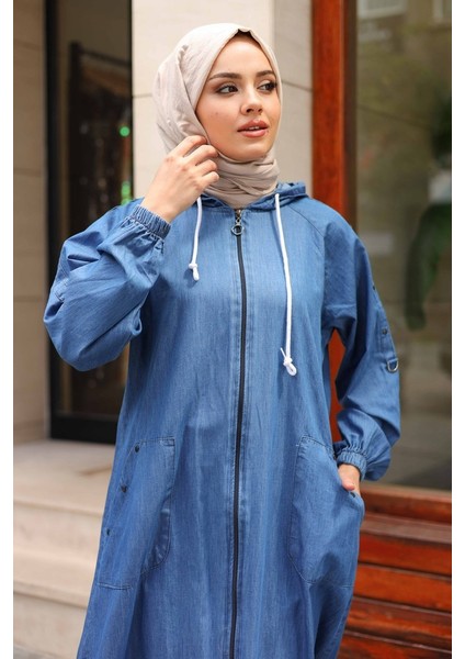 Kadın Cepli Omuzdan Taş Detaylı Kapüşonlu Kot Kap fiyatları