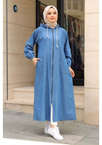 Kadın Cepli Omuzdan Taş Detaylı Kapüşonlu Kot Kap modelleri