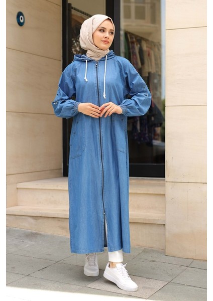 Kadın Cepli Omuzdan Taş Detaylı Kapüşonlu Kot Kap fırsatları